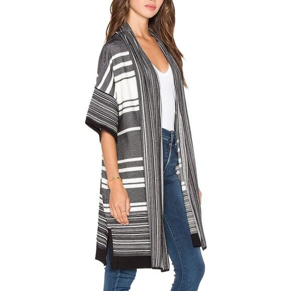 Vince Black & White Stripe Knit Short Sleeve Longline Open Cardigan Sweater - Picture 3 of 12